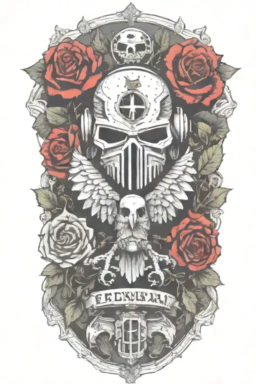 federal eagle, roses, germany, warhammer 40k helmet tattoo design idea