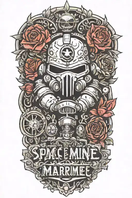 space marine warhammer 40k space marine doom slayer rosen schriftzug tattoo design idea