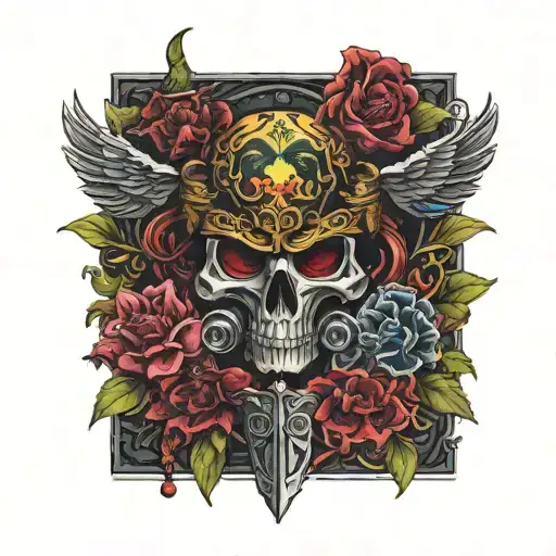 warhammer 40k, lot of details, war, dark, red flower, no skull tattoo design idea