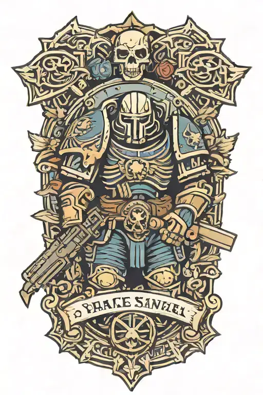 space marine warhammer 40k space marine doom slayer rosen schriftzug tattoo design idea