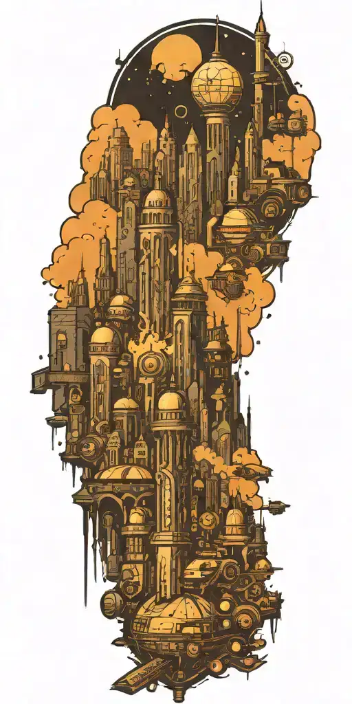 cyberpunk city with warhammer 40k universe tattoo design idea