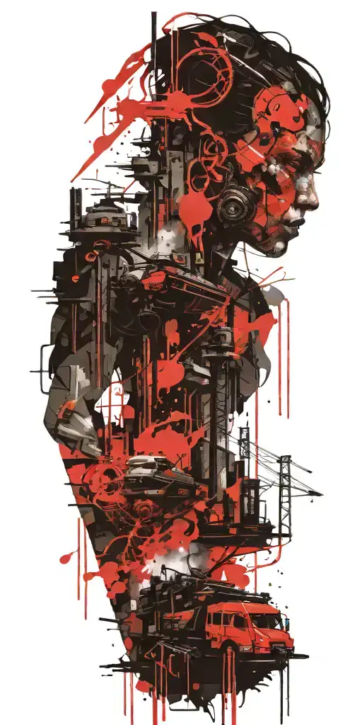 cyberpunk city with warhammer 40k universe tattoo design idea