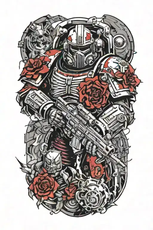 warhammer 40k space marine , lot of details, war, dark, red flower, kein totenschädel tattoo design idea