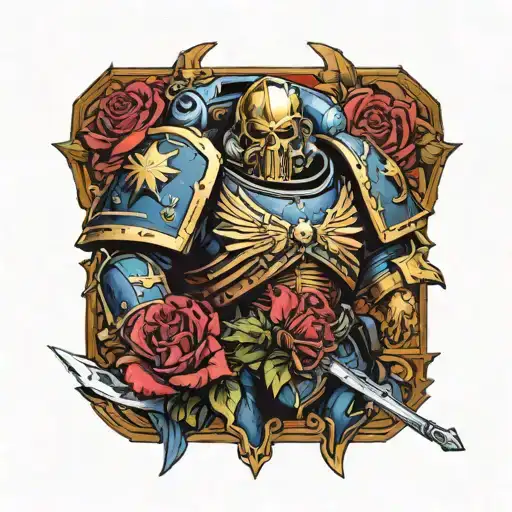 warhammer 40k space marine , lot of details, war, dark, red flower, kein totenschädel tattoo design idea