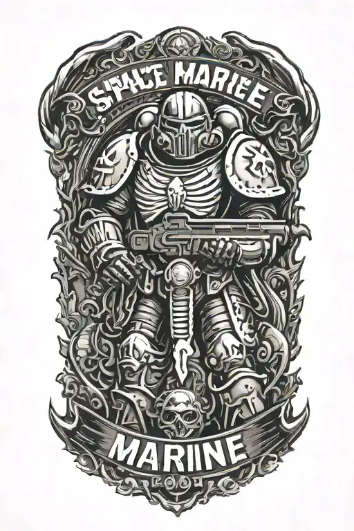space marine warhammer 40k space marine doom slayer rosen schriftzug tattoo design idea