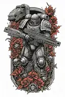 warhammer 40k space marine, lot of details, arround red flowers and more soldiers, doom slayer sword  tattoo design idea