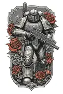 warhammer 40k space marine, lot of details, arround red flowers and more soldiers, doom slayer sword  tattoo design idea