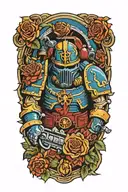 space marine warhammer 40k space marine doom slayer rosen schriftzug tattoo design idea