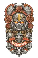 space marine warhammer 40k space marine doom slayer rosen schriftzug tattoo design idea