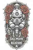 space marine warhammer 40k, space marine, doom slayer, roses, lettering doom wrist tattoo design idea