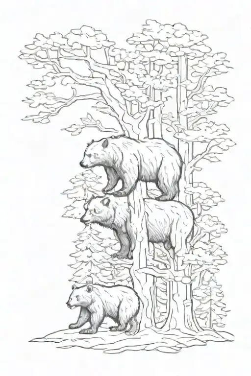 bear with 3 cubs + tree tattoo design idea