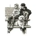 Two kids sitting on bleachers looking away with a Maltese sitting on the ground  tattoo design idea