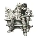 Two kids sitting on bleachers looking away with a Maltese sitting on the ground  tattoo design idea