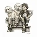 Two kids sitting on bleachers looking away with a Maltese sitting on the ground  tattoo design idea