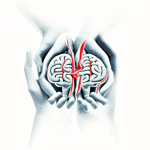 Brain and heart being held and torn apart by two hands with a clock partially falling apart in the background  tattoo design idea