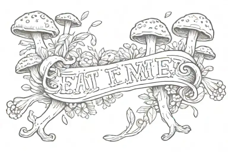 "eat me" written in stamp with mushrooms surrounding stamp tattoo design idea