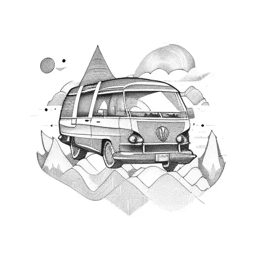 A blue travel van with luggage on the roof  tattoo design idea