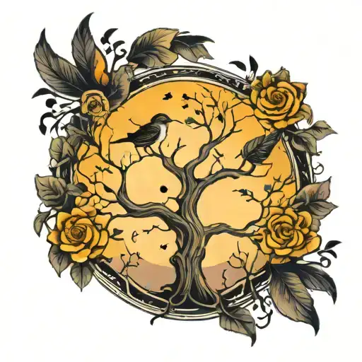 tree moon birds tattoo design idea