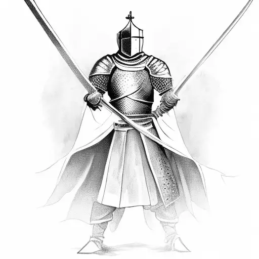 tired medieval knight resting on a long sword tattoo design idea