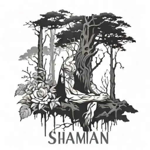 create a tattoo sleeve with a shaman resting against a droopy tree in a dark forest.  Add floral elements.  Use artwork  tattoo design idea