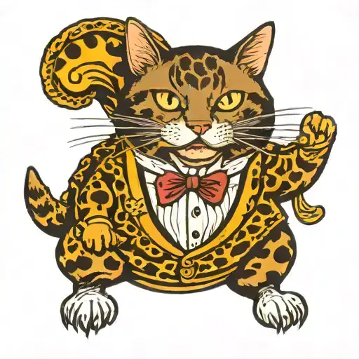 tortoise shell cat ridding catfish in tuxedo  tattoo design idea