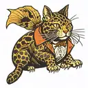 tortoise shell cat ridding catfish in tuxedo  tattoo design idea