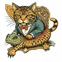 tortoise shell cat ridding catfish in tuxedo  tattoo design idea