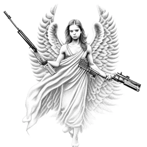 A black and grey dotwork tattoo of an angel holding a military rifle, representing strength and protection tattoo design idea
