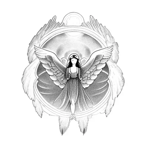 An angelic figure holding a steering wheel with wings made of mountain ranges tattoo design idea