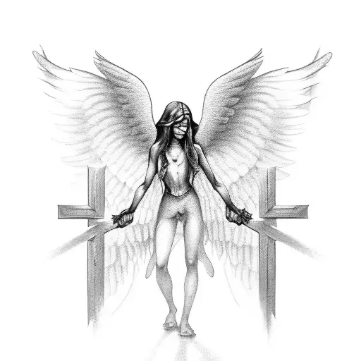 angel with arms outstretched and three crosses on its face tattoo design idea