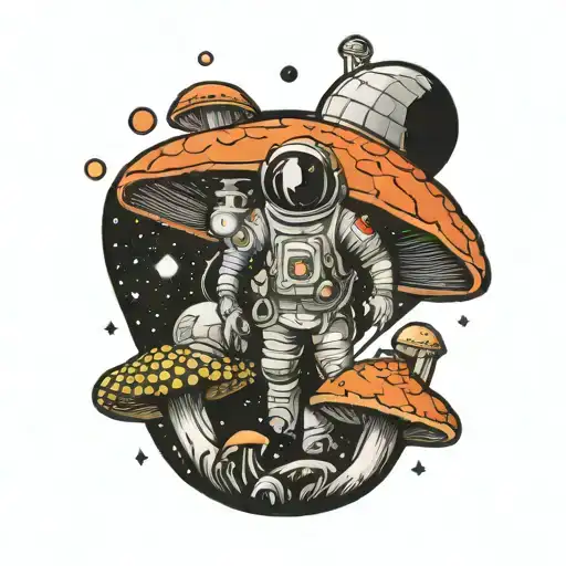 Spaceman, ship, mushroom, black and white line tattoo design idea