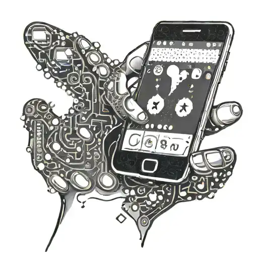 A cybernetic hand holding a glowing smartphone displaying popular social media apps tattoo design idea