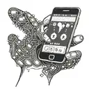 A cybernetic hand holding a glowing smartphone displaying popular social media apps tattoo design idea