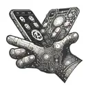 A cybernetic hand holding a glowing smartphone displaying popular social media apps tattoo design idea