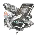 A cybernetic hand holding a glowing smartphone displaying popular social media apps tattoo design idea