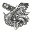 A cybernetic hand holding a glowing smartphone displaying popular social media apps tattoo design idea