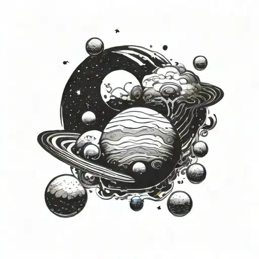 sleak simple  scene of 2 planets with a small sun and moon in between them (representing 2 parents and 2 children) tattoo design idea