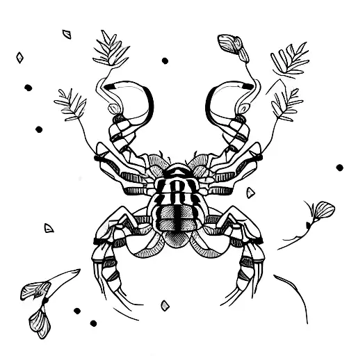 scorpion tattoo lightly wrapped in butterflies and flannel flowers with a slight glitch effect tattoo design idea