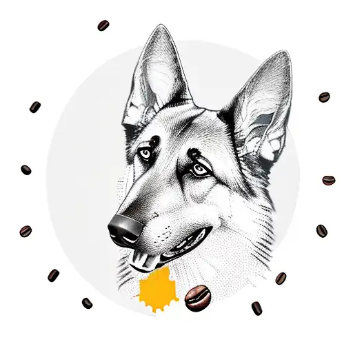 A German shepherd silhouette surrounded by coffee beans and hiking trails tattoo design idea