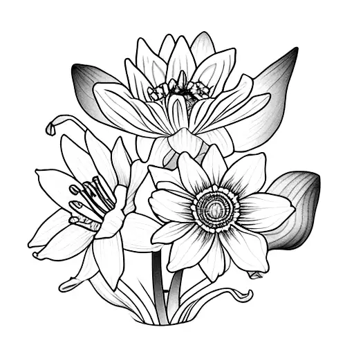 daffodil, water lily, morning glory, two cosmos, chrysanthemum  tattoo design idea