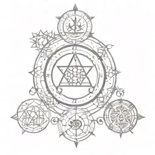 Libra astrological symbols with 7 chakra symbols, a lotus and runes of protection, happiness and luck tattoo design idea