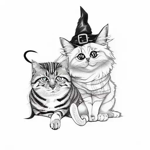cute witch in the middle,  cute dog on right, cute cat left tattoo design idea