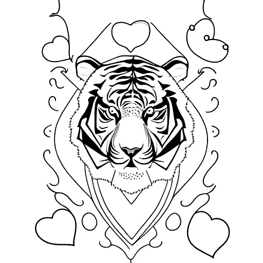 Minimalistic full-length tiger tattoo with hearts and eyes tattoo design idea