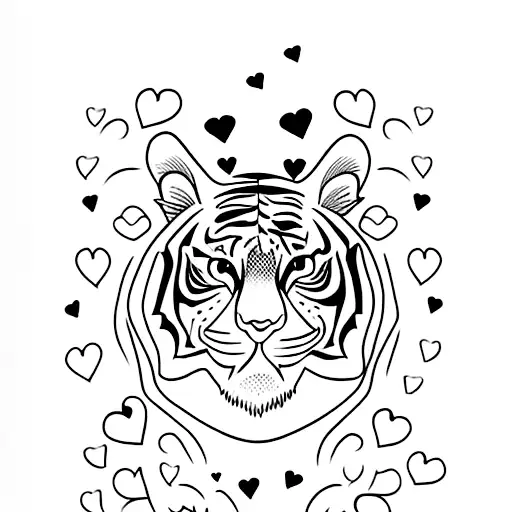 Minimalistic tiger tattoo with hearts and eyes tattoo design idea