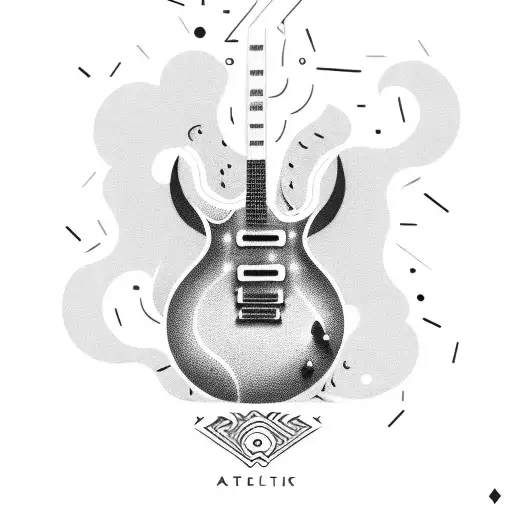 A stylized electric guitar surrounded by smoke and music notes tattoo design idea