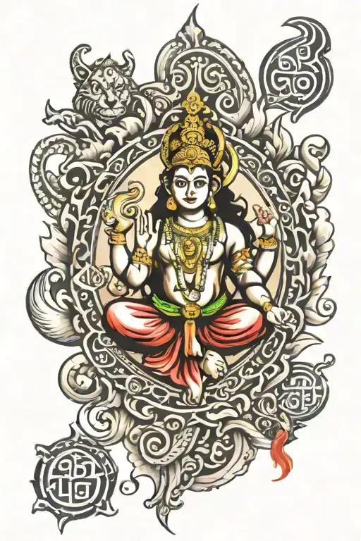 tattoo with all shiva,ganesh, durga, ohm, hanuman, lakshmi, lotus , chakra, swastik in one arm full collaborated tattoo design idea