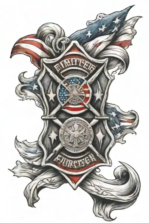 firefighter Maltese cross surrounded by American flag intertwined tattoo design idea