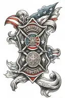 firefighter Maltese cross surrounded by American flag intertwined tattoo design idea