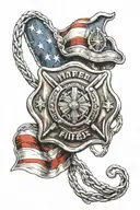 firefighter Maltese cross surrounded by American flag intertwined tattoo design idea