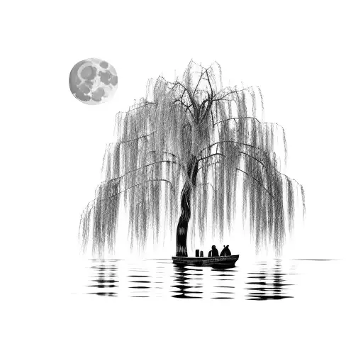 weeping willow over a lake moon, little row boat tattoo design idea